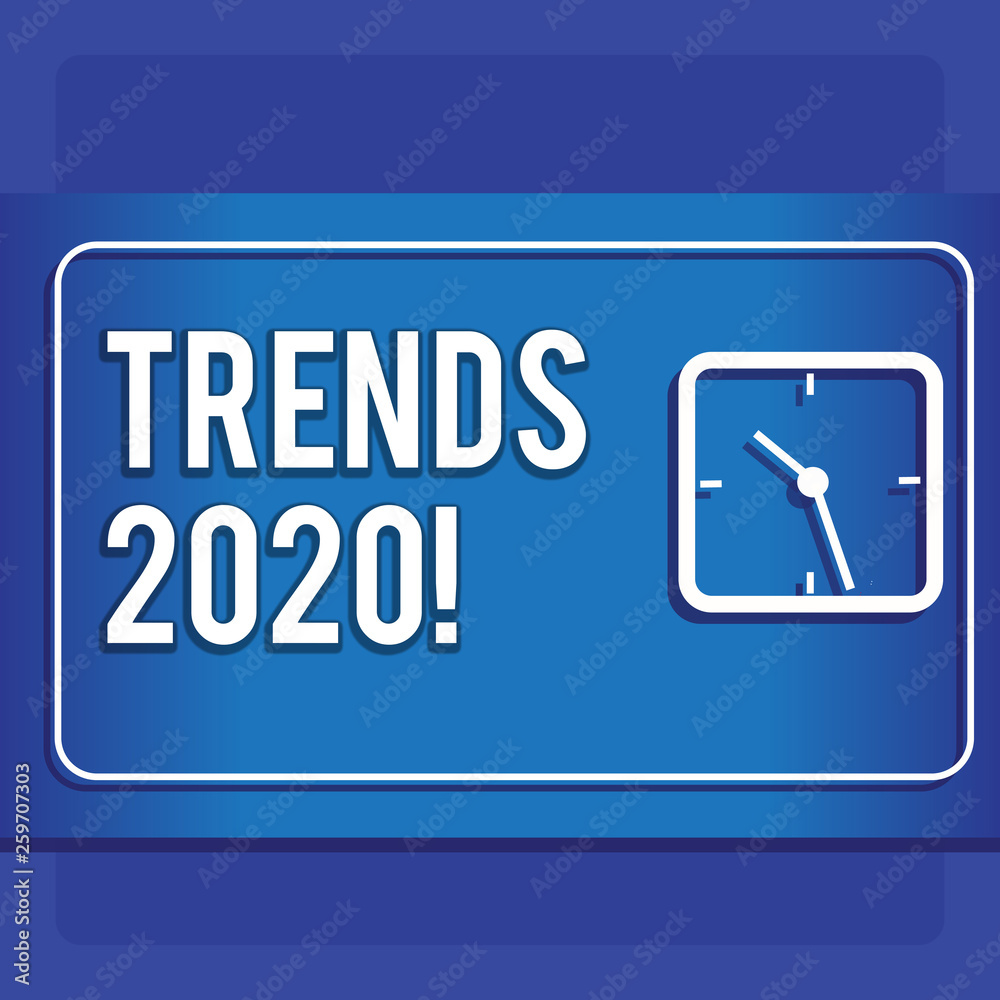 Writing note showing Trends 2020. Business concept for general direction in which something is developing next year Modern Design of Square Clock on Two Tone Pastel Backdrop Writing note showing Trends 2020. Business concept for general direction in which something is developing next year Modern Design of Square Clock on Two Tone Pastel Backdrop