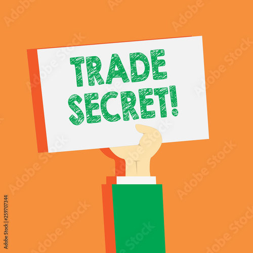 Handwriting text writing Trade Secret. Conceptual photo device or technique used company analysisufacturing its products Clipart of Hand Holding Up Blank Sheet of White Paper on Pastel Backdrop photo