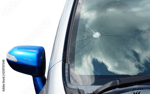 Broken windshield on car. Accident of car.