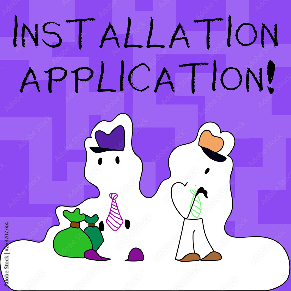 Fototapeta premium Text sign showing Installation Application. Business photo text setup of computer program including device drivers Figure of Two Men Standing with Pouch Bag on White Sticker Style Snow Effect