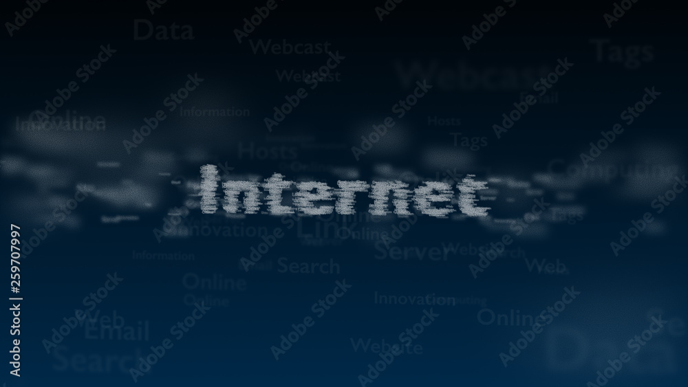 Deep blue background with different words, which deal with internet. Blurred type super. The word nternet contains a vast of words inside. Close up. Copy space. 3D.