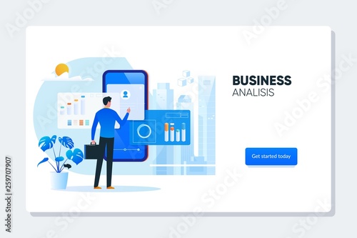 Businessman near phone with charts and diagrams. Data Analysis, Business Statistic, Management, Consulting, Marketing. Landing page template concept