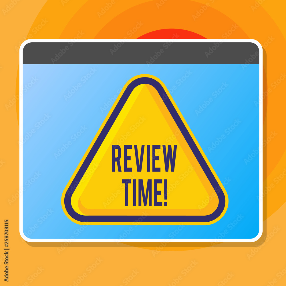 Writing note showing Review Time. Business concept for survey over whole subject or division it Summary of something Blank Yellow Embossed Triangle with Border as Web Button In Screen Writing note showing Review Time. Business concept for survey over whole subject or division it Summary of something Blank Yellow Embossed Triangle with Border as Web Button In Screen