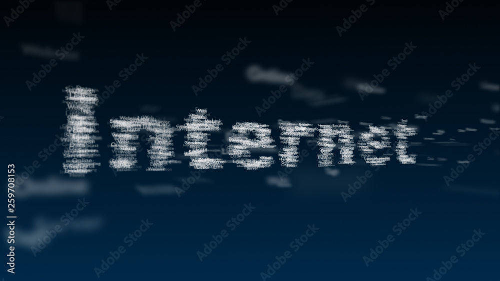 Deep blue background with different words, which deal with internet. Blurred type super. The word nternet contains a vast of words inside. Close up. Copy space. 3D.