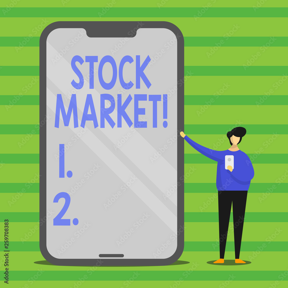 Word writing text Stock Market. Business photo showcasing collection markets exchanges where activities of buying selling Man Presenting Huge Blank Screen Smartphone while Holding Another Mobile Word writing text Stock Market. Business photo showcasing collection markets exchanges where activities of buying selling Man Presenting Huge Blank Screen Smartphone while Holding Another Mobile