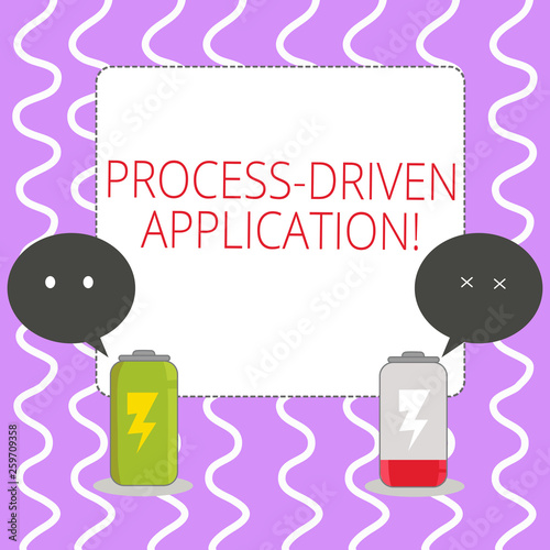 Conceptual hand writing showing Process Driven Application. Concept meaning workflow engine where process can be exposed Fully Charge and Discharge Battery with Emoji Speech Bubble photo