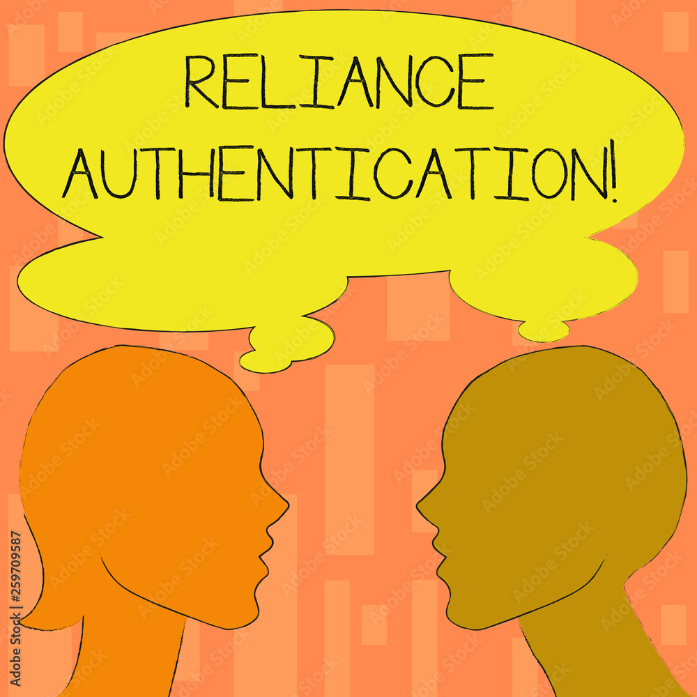 Word writing text Reliance Authentication. Business photo showcasing part of trust based identity attribution process Silhouette Sideview Profile Image of Man and Woman with Shared Thought Bubble