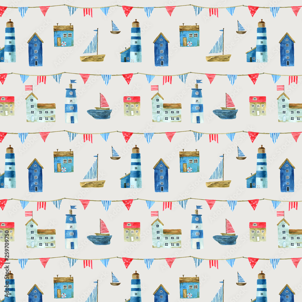 Seamless pattern with nautical theme, cute houses, lighthouses and boats for your design. Watercolor illustration. For fabric, scrapbooking, wrapping paper and more.
