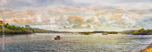 Panoramic landscape with boats and ships in a bay near Glengarriff harbor photo