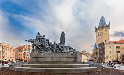 Jan Hus Monument at Old Town Square in Prague  Czech Republic. It was unveiled in 1915 to commemorate the 500th anniversary of Jan Hus  martyrdom   Live  nation sacred in God  dont die  inscription 