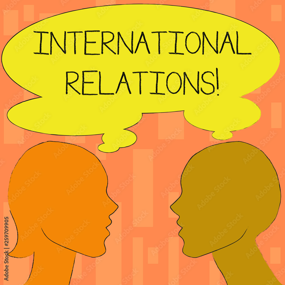 Word writing text International Relations. Business photo showcasing way in which two or more nations interact with Silhouette Sideview Profile Image of Man and Woman with Shared Thought Bubble