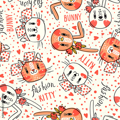 Seamless pattern with faces of cats and rabbits in hairpins bows. Fashion kawaii bunny and kitty. Vector illustration