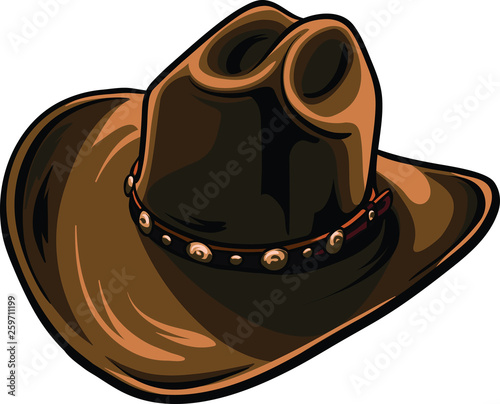 Brown cowboy hat with black outline. Cartoon sheriff hat vector format.
