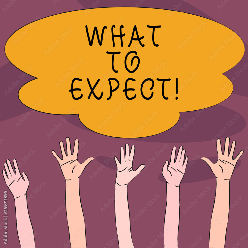 Handwriting text What To Expect. Conceptual photo asking about regard something as likely to happen occur Multiracial Diversity Hands Raising Upward Reaching for Colorful Big Cloud Handwriting text What To Expect. Conceptual photo asking about regard something as likely to happen occur Multiracial Diversity Hands Raising Upward Reaching for Colorful Big Cloud