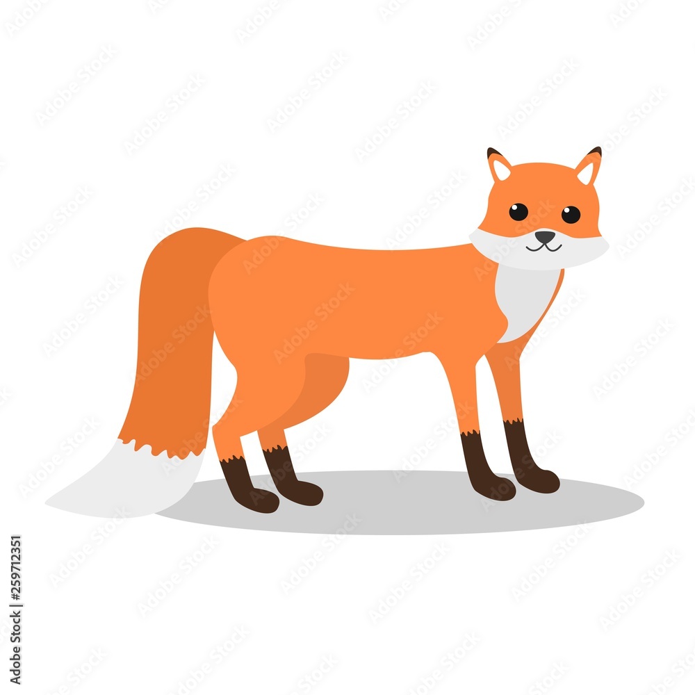 Cute baby fox with tail down isolated cartoon style doodle on white background vector illustration