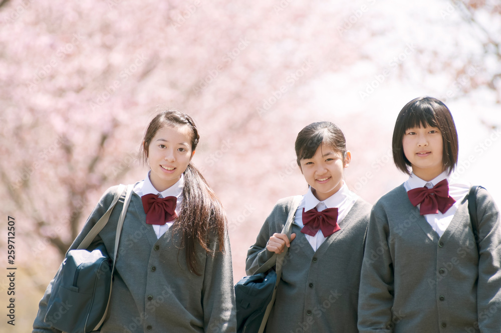 桜の前で微笑む中学生 桜の前で微笑む中学生