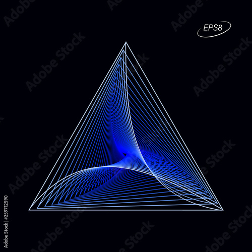 Abstract Colorful Triangular Graphic Element in Blue Tones on Black Background. Modern Op Art Illustration. EPS8 Vector.
