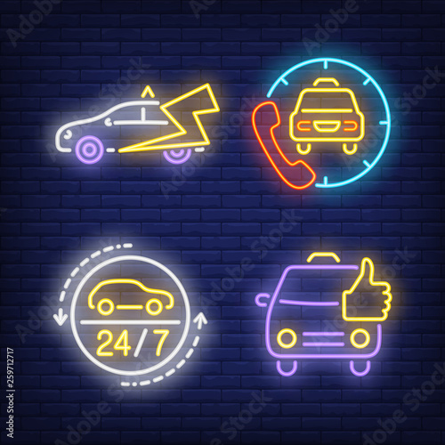Calling taxi cab neon signs set