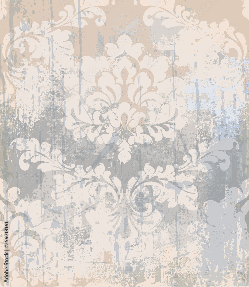 Vector rococo pattern texture. Damask ornament grunge background. Vintage royal fabric rust effect. Victorian exquisite floral templates