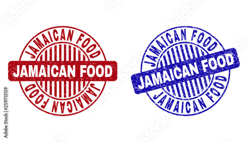 Grunge JAMAICAN FOOD round stamp seals isolated on a white background. Round seals with distress texture in red and blue colors.