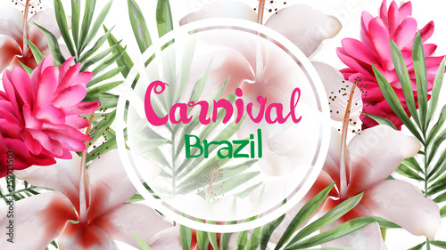 Tropic flowers exotic frame Vector watercolor. Brazil carnival festival desig...