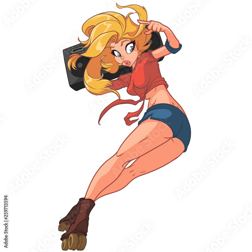 Blonde woman in jeans shorts is riding on roller blades, anime style