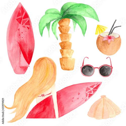 Photography Hand drawn watercolor ocean surfing set with palm girl with surf, surf, cocktail, coconut, shell, sunglasses
