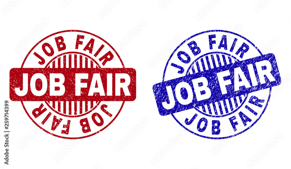 Grunge JOB FAIR round stamp seals isolated on a white background. Round seals with grunge texture in red and blue colors. Vector rubber overlay of JOB FAIR text inside circle form with stripes.