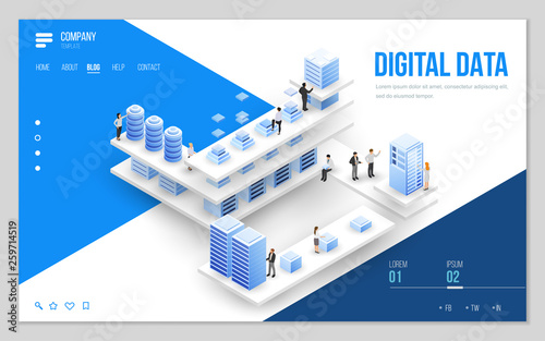 Design website or landing page template. Minimal modern high technology concept for data center with server or hosting. Isometric vector illustration.