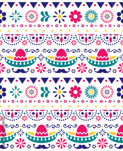 Mexican hat - sombrero and long mustache seamless vector floral pattern - textile, wallpaper design