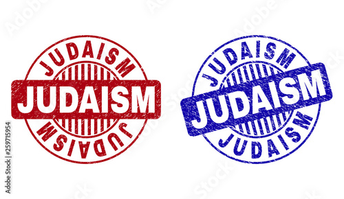Grunge JUDAISM round stamp seals isolated on a white background. Round seals with distress texture in red and blue colors. Vector rubber imitation of JUDAISM title inside circle form with stripes.