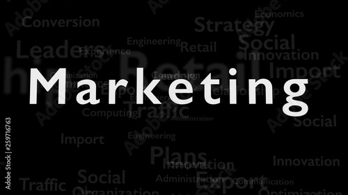 Black background with subject words  which deal with marketing. The bold word is situated in the centre of composition. Close up. Copy space. 3D.