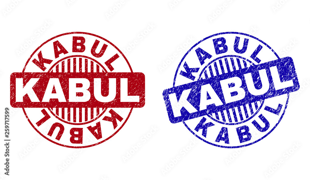Fototapeta premium Grunge KABUL round stamp seals isolated on a white background. Round seals with grunge texture in red and blue colors. Vector rubber overlay of KABUL title inside circle form with stripes.
