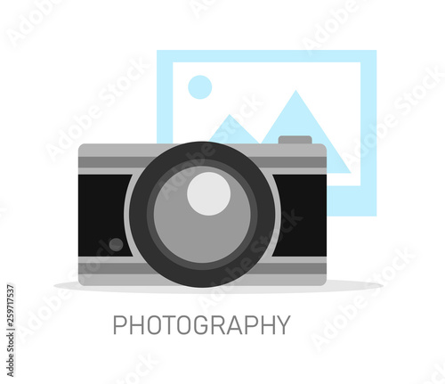 Photography. The concept of a digital camera, on white background.Vector photographer studio illustration.