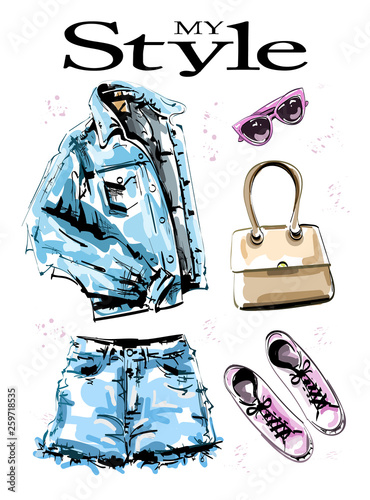Hand drawn stylish clothes set with jeans jacket, shorts, bag, shoes and sunglasses. Fashion outfit. Female clothing. Casual style. Sketch. Vector illustration.