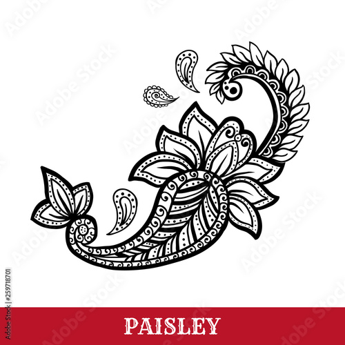 Paisley motif hand drawn isolated vector tattoo illustration. Buta ink pen isolated clipart. Persian ornate sketch drawing. Monochrome boteh curl. Greeting card, textile ornamental design element