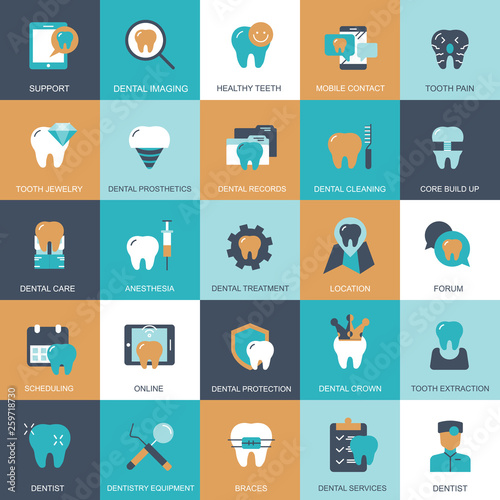 Dental care, dentistry equipment icons set for website and mobile site and apps. Contains such Icons as Dentist, Braces. Flat vector illustration