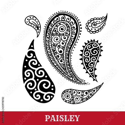 Paisley motif hand drawn isolated vector tattoo illustration. Buta ink pen isolated clipart. Persian ornate sketch drawing. Monochrome boteh curl. Greeting card, textile ornamental design element