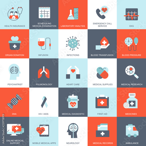 Healthcare and medicine, medical equipment icons set for website and mobile site and apps. Contains such Icons as Ambulance. Flat vector illustration