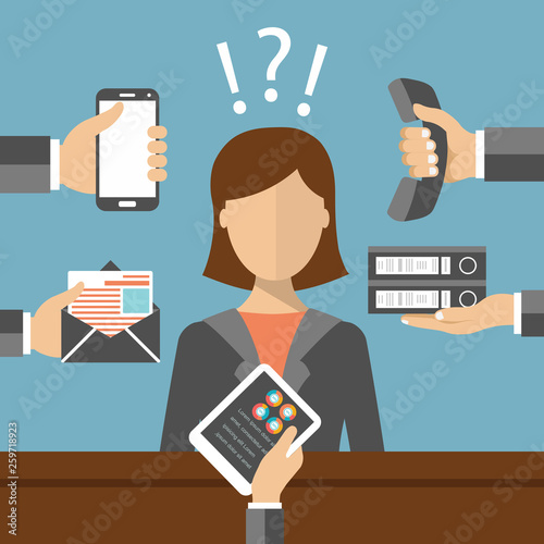 Busy person at work concept. Hard work concept. Hands with smart phone, telephone letter, documents and tablet. Analysis concept. Flat vector illustration