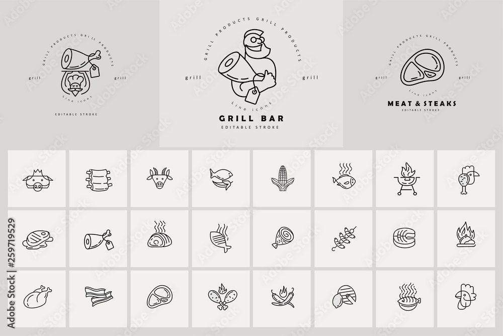 Vector icon and logo for meat and grill cafe or steak restaurant ...