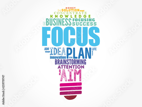 FOCUS light bulb word cloud collage, business concept background