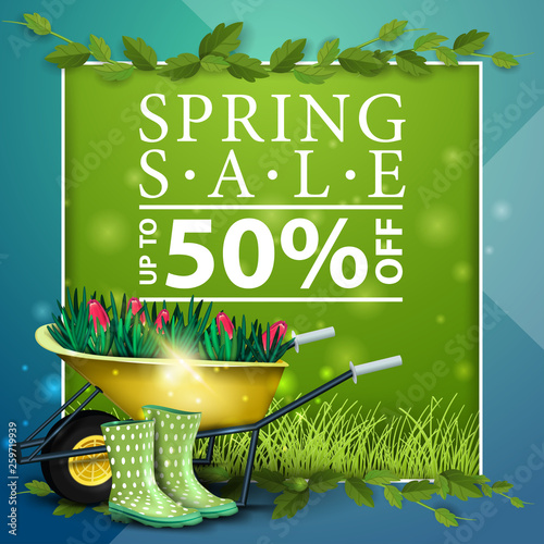 Spring sale, green discount banner template with lettering, frame of liana and garden wheelbarrow with tulips