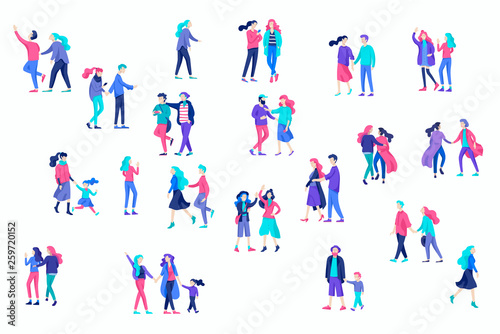 Vector people character walking on the street in autumn or winter clothes, friends and couples. Colorful Group of male and female flat cartoon characters