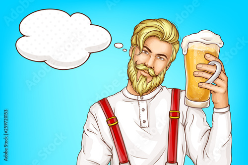 Craft beer, Oktoberfest festival pop art vector advertising banner with happy smiling blonde, bearded man holding glass full of fresh foamed beer illustration. Bar, pub or restaurant promo poster