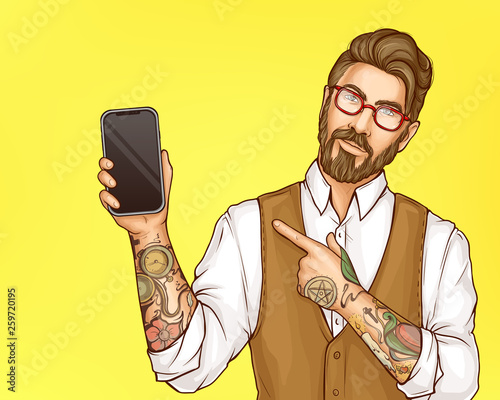 Digital gadgets and smartphones store sale, mobile app or service pop art vector ad banner. Hipster man in glasses, white shirt and waistcoat, pointing on cellphone in his tattooed hands illustration