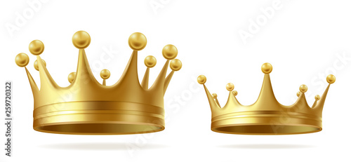 King or queen golden crowns realistic vector set isolated on white background. Medieval ruler ceremonial headwear, emperors monarchy power symbol illustration collection