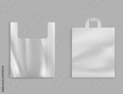 Blank t-shirt plastic bag, polyethylene packet with handles for grocery shop, store products shopping and carrying 3d realistic vector mockup isolated on grey background. Supermarket packaging mockup