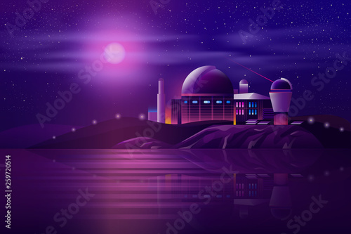 Astronomical ground-based observatory with optical telescope and laser guide star system on ocean shore carton vector illustration. Science institution building for space researches and observations