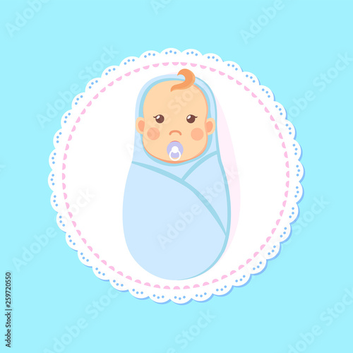 Baby shower greeting card, swaddled boy with nipple. Vector newborn 1 month infant in diaper, toddler son in cartoon style, milestones first days of person